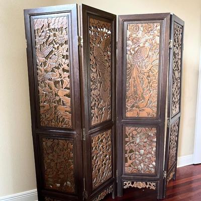 Bird Themed Carved Wood Four (4) Panel Decorative Screen