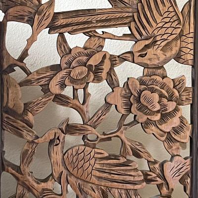 Bird Themed Carved Wood Four (4) Panel Decorative Screen