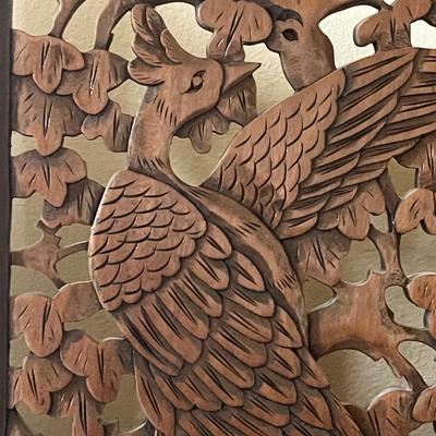 Bird Themed Carved Wood Four (4) Panel Decorative Screen