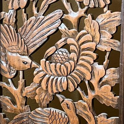 Bird Themed Carved Wood Four (4) Panel Decorative Screen