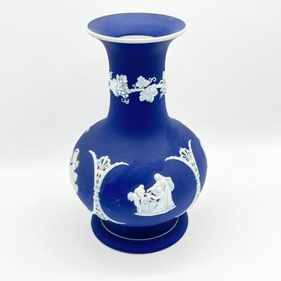 WEDGEWOOD ~ 8” Cobalt Blue Jasperware Cameo Vase