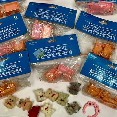 Cake Toppers Party Favors - Baby Wagons Buggies, flocked bears, baby bracelet