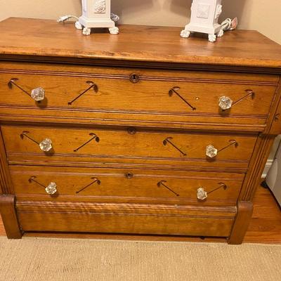 Victorian Eastlake maple three drawer chest of drawers