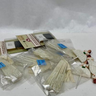 Misc Miniature Lot - tiny baking pans, baked goods, wooden people, Christmas Trees, and a Scoop