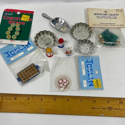 Misc Miniature Lot - tiny baking pans, baked goods, wooden people, Christmas Trees, and a Scoop