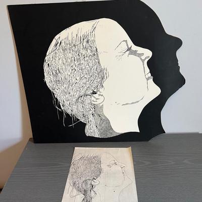 Original Vintage Pen Ink Drawing on Board Art