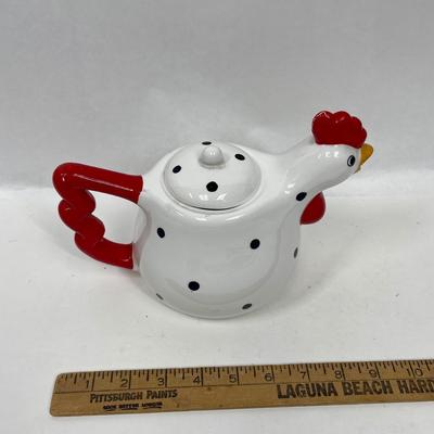 Metal Black Polka Dot & White Chicken Red Rooster Comb Tea Pot