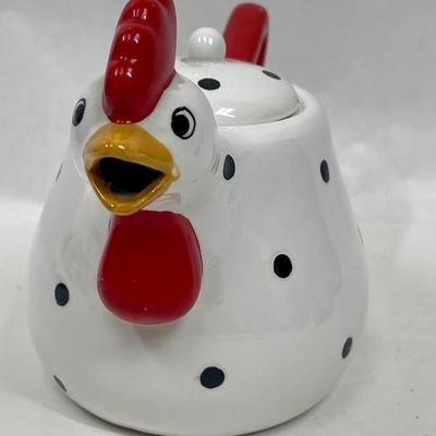 Metal Black Polka Dot & White Chicken Red Rooster Comb Tea Pot