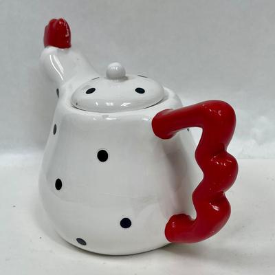 Metal Black Polka Dot & White Chicken Red Rooster Comb Tea Pot