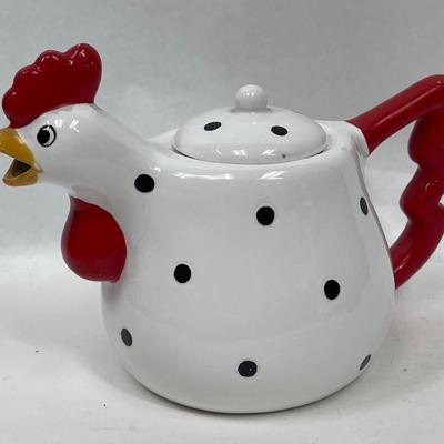 Metal Black Polka Dot & White Chicken Red Rooster Comb Tea Pot