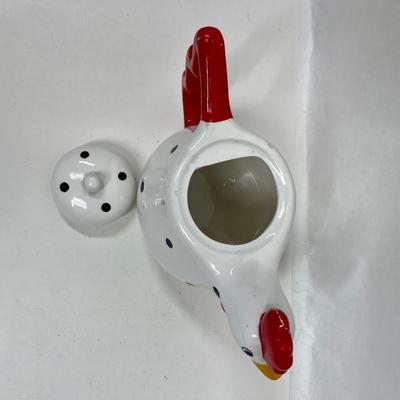 Metal Black Polka Dot & White Chicken Red Rooster Comb Tea Pot