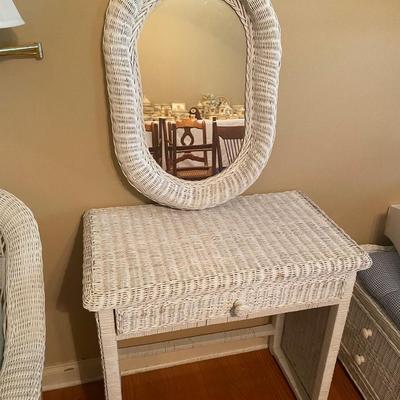 Real wicker vanity with oval mirror
