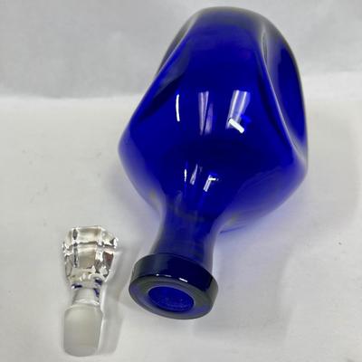 Blenko Cobalt Blue Pinched Decanter with Clear Crystal Stopper