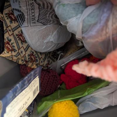 Bin Full Of Knitting Projects & Yarn