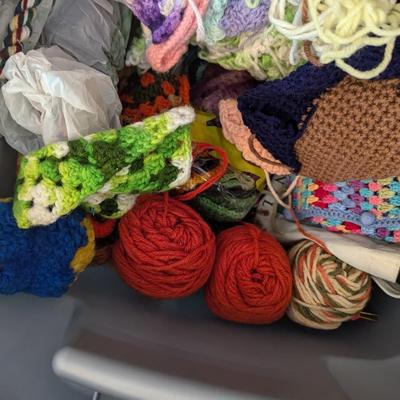 Bin Full Of Knitting Projects & Yarn
