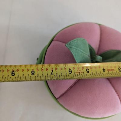 Vintage Peach Sewing Basket Swing Handle Fabric Covered With Supplies