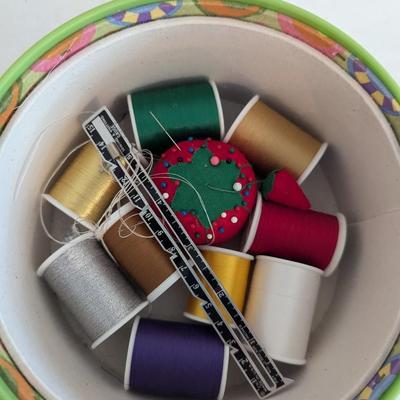 Vintage Peach Sewing Basket Swing Handle Fabric Covered With Supplies