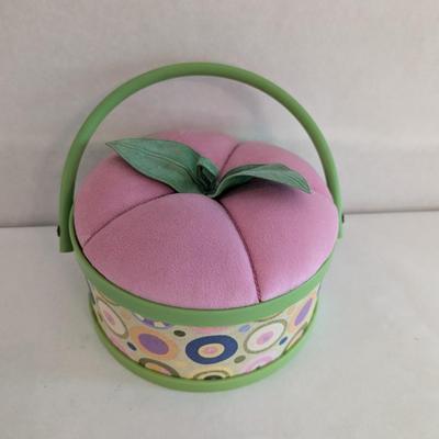 Vintage Peach Sewing Basket Swing Handle Fabric Covered With Supplies