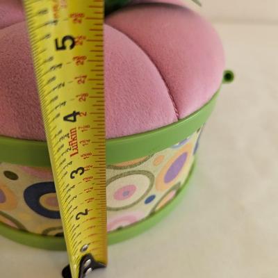 Vintage Peach Sewing Basket Swing Handle Fabric Covered With Supplies