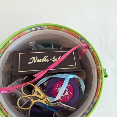 Vintage Peach Sewing Basket Swing Handle Fabric Covered With Supplies