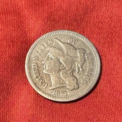 1871 Three Cent Nickel AU 60 Coin.