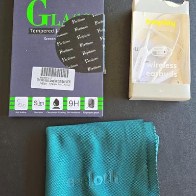 Electronics Cloth, Wireless Earbuds, and Tempured Glass Phone Camera Covers