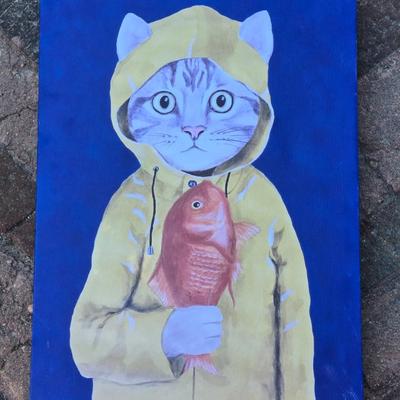 Canvas Slicker Cat Holding a Fish Print