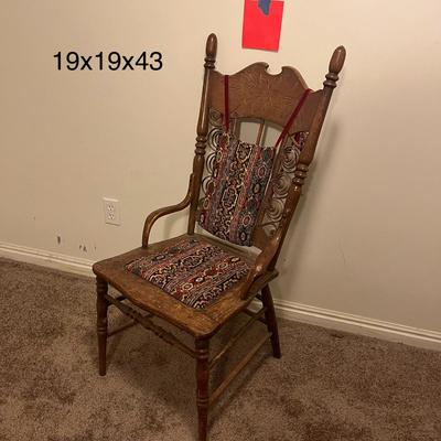Antique Straight Back Chair And Fabric Seat