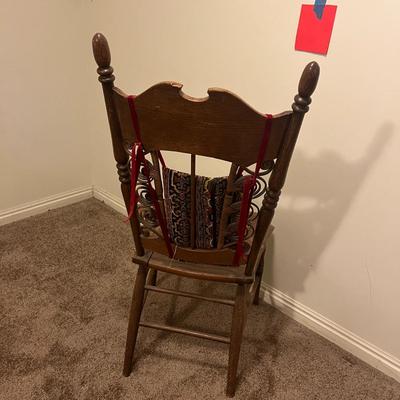 Antique Straight Back Chair And Fabric Seat
