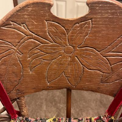 Antique Straight Back Chair And Fabric Seat