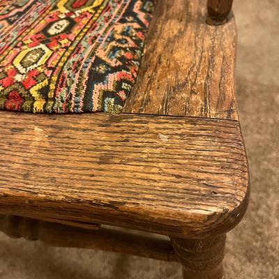 Antique Straight Back Chair And Fabric Seat