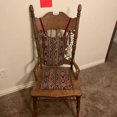 Antique Straight Back Chair And Fabric Seat