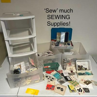 Lots of Sewing Supplies in White Organizer of 3 Drawers