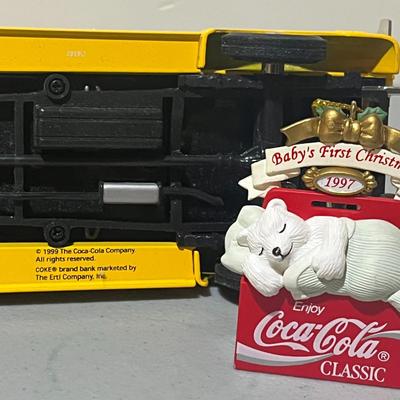 1956 Replica Coca Cola die-cast metal bank 1930 Replica Coca Cola Truck, Coca Cola Delivery Truck & 1997 baby's First Christmas...
