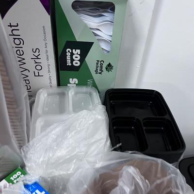 Table Full of NEW To Go Containers, Cutlery. LOTS! 