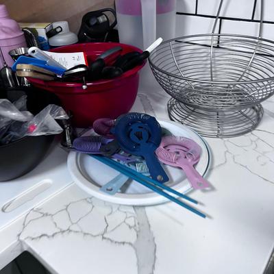 All Manner of Kitchen Stuff: Utensils (2 sets), Toaster, Fruit Bowl 