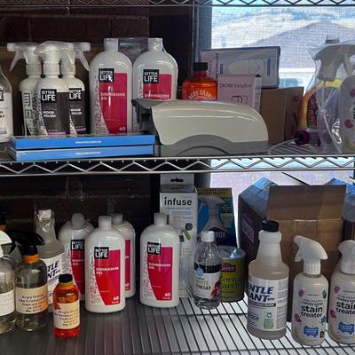 2 Shelves of Cleaning Products lots of Dish soap and Dish washer Gel 