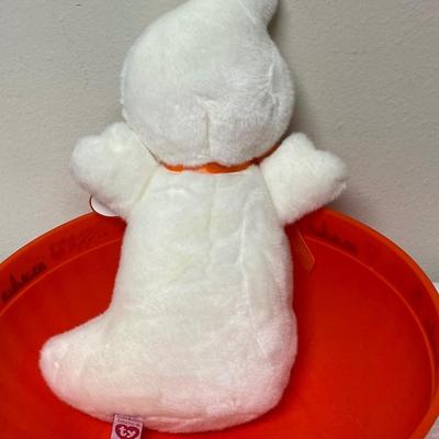 Ty Beanie Buddy Spooky the Ghost plush toy with large plastic bowl