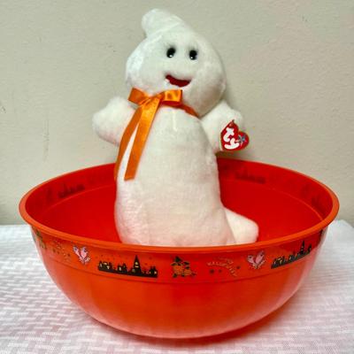 Ty Beanie Buddy Spooky the Ghost plush toy with large plastic bowl