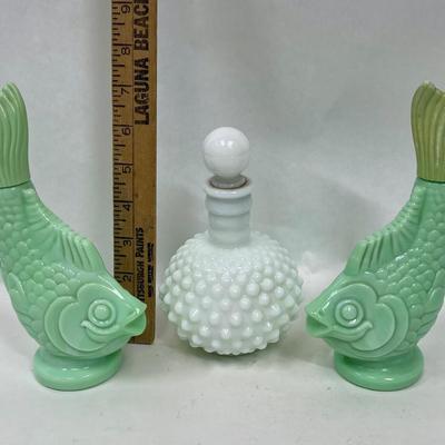 Vintage Fenton Hobnail perfume bottle and 2 Avon Sea Spirit Foaming Bath Oil Koi Fish Bottles