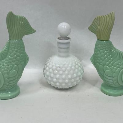 Vintage Fenton Hobnail perfume bottle and 2 Avon Sea Spirit Foaming Bath Oil Koi Fish Bottles