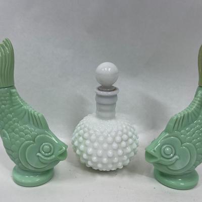 Vintage Fenton Hobnail perfume bottle and 2 Avon Sea Spirit Foaming Bath Oil Koi Fish Bottles