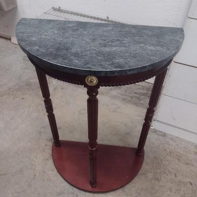 Mahogany Finish Demilune Accent Table with Marble Top