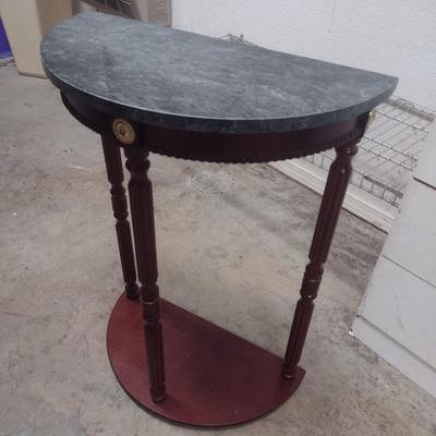 Mahogany Finish Demilune Accent Table with Marble Top