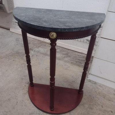 Mahogany Finish Demilune Accent Table with Marble Top