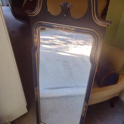 Wood Frame Wall Mirror with Gilt Accents and Swan Neck Pediments