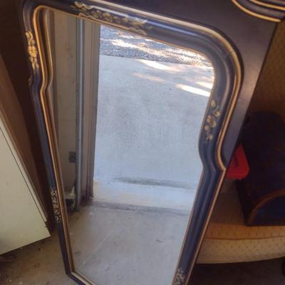Wood Frame Wall Mirror with Gilt Accents and Swan Neck Pediments
