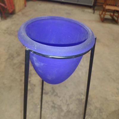 Blue Glass Flower Holder with Metal Tripod Stand