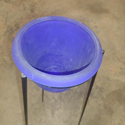 Blue Glass Flower Holder with Metal Tripod Stand