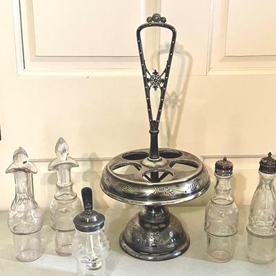 ANTIQUE SILVER PLATE VICTORIAN CONDIMENT CADDY ETCHED GLASS CRUETS SET